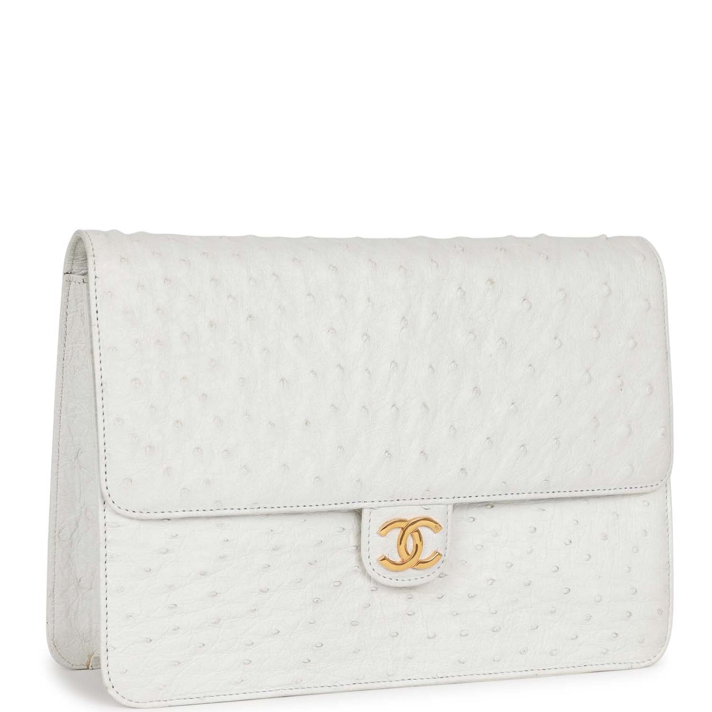 Chanel Single Flap Bag White Ostrich Gold Hardware