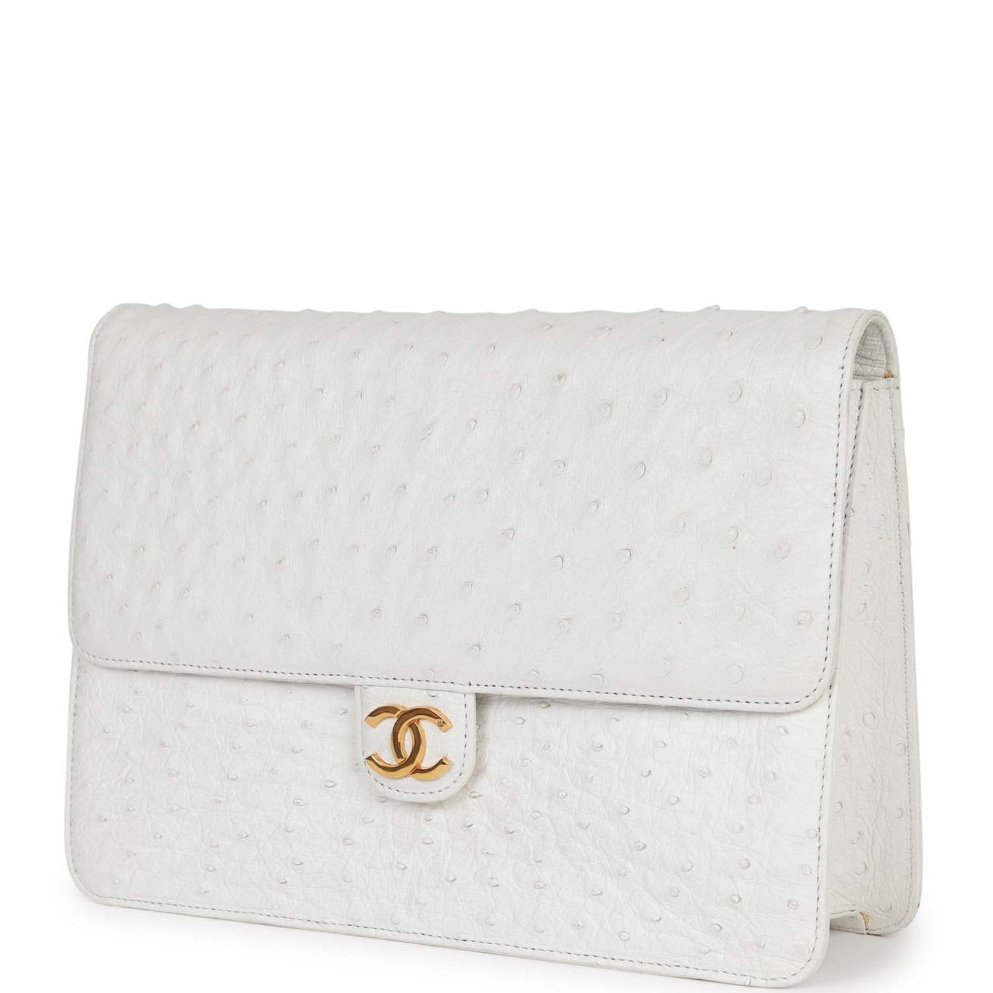Chanel Single Flap Bag White Ostrich Gold Hardware