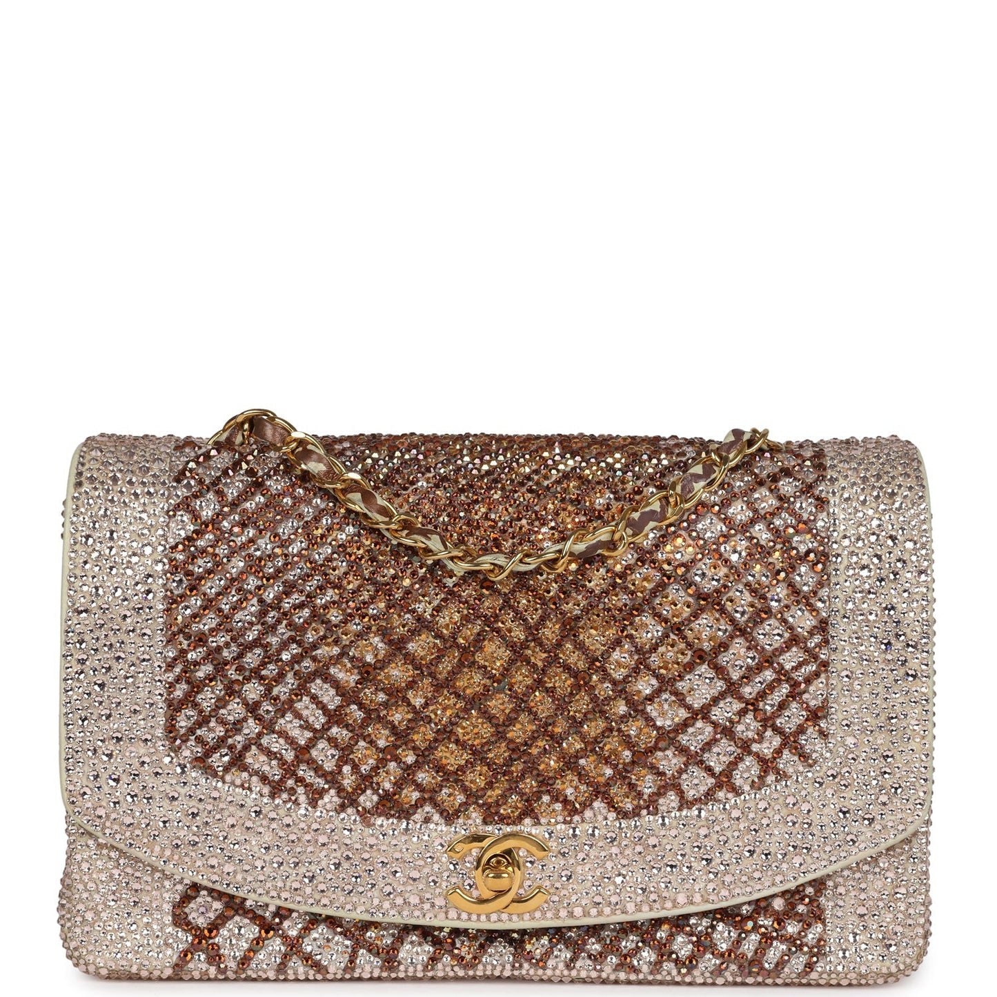 Custom Swarovski Crystal Chanel Medium Diana Flap Bag Beige Lambskin Gold Hardware