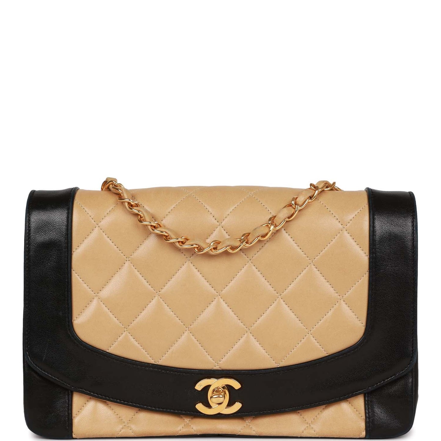 Chanel Medium Diana Flap Bag Black and Beige Lambskin Gold Hardware