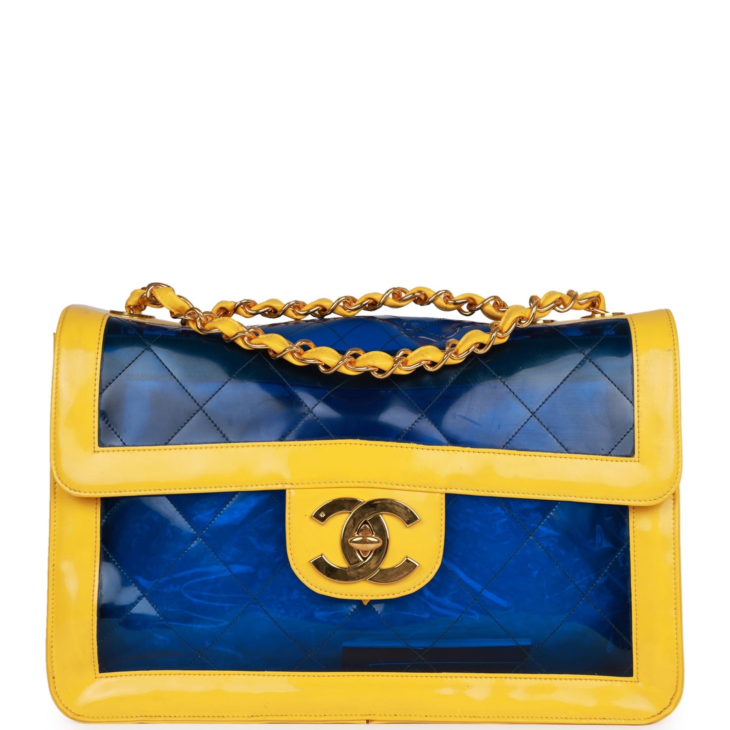Chanel Maxi Flap Bag Yellow/Blue Quilted Patent Leather Gold Hardware