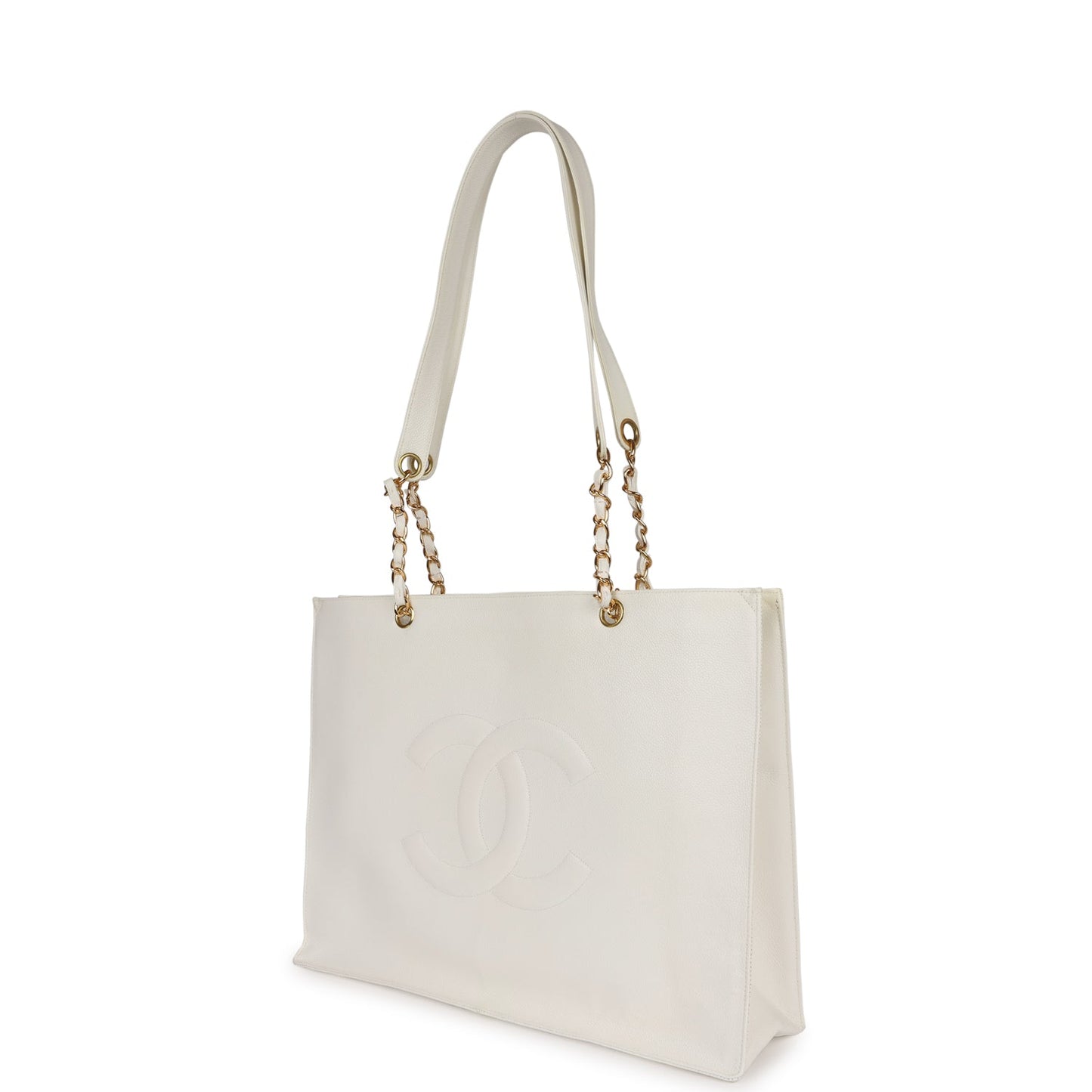 Chanel CC Chain Shopping Tote Bag White Caviar Gold Hardware