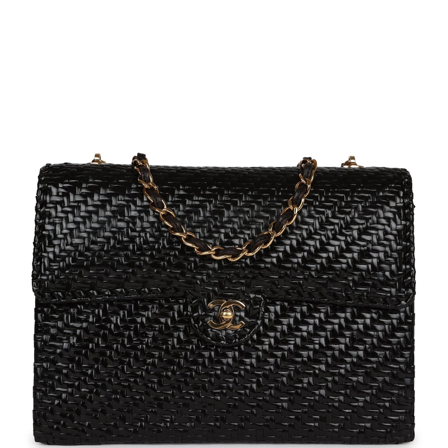 Chanel Flap Bag Black Wicker Gold Hardware
