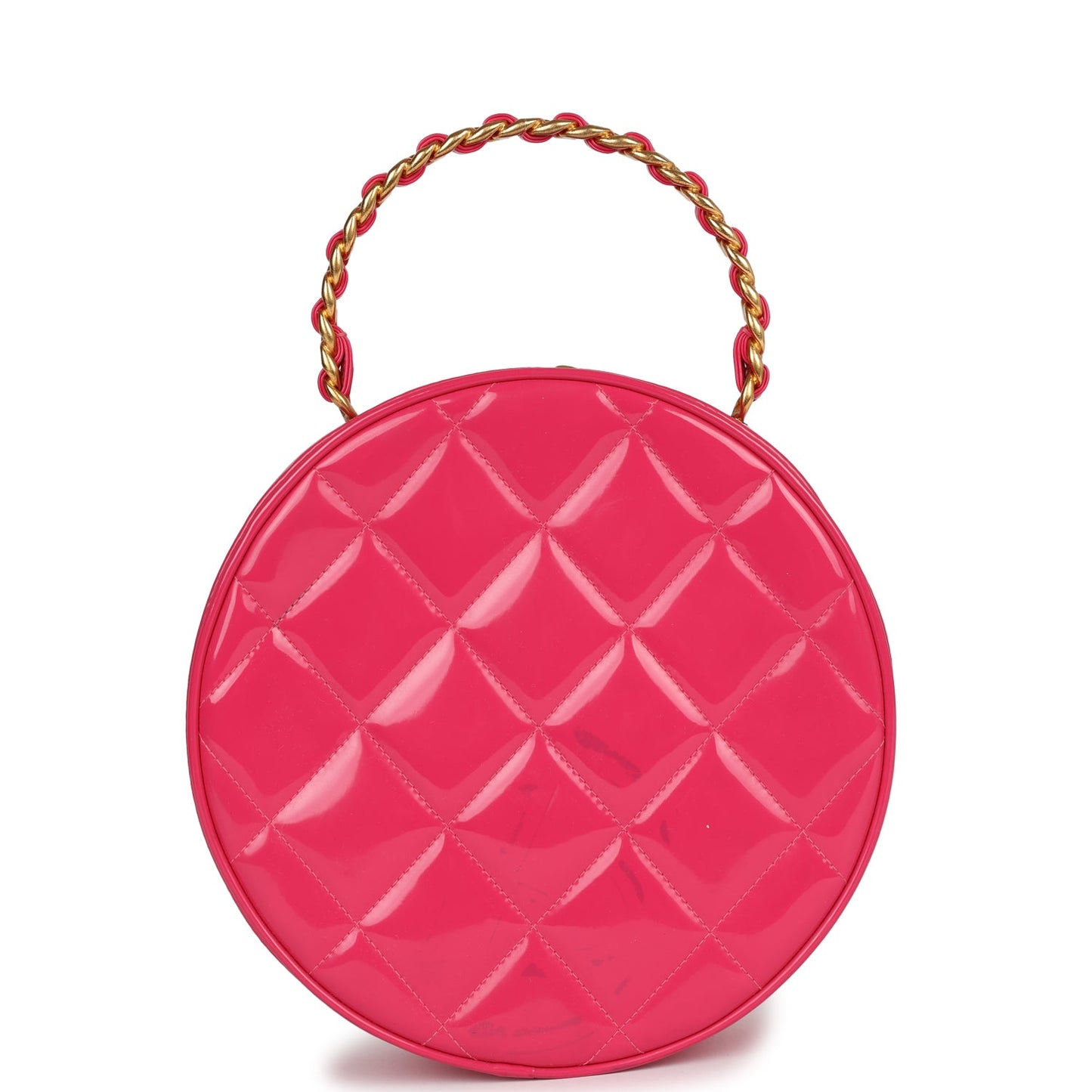 Chanel Round Vanity Bag Pink and Black Patent Leather Antique Gold Hardware