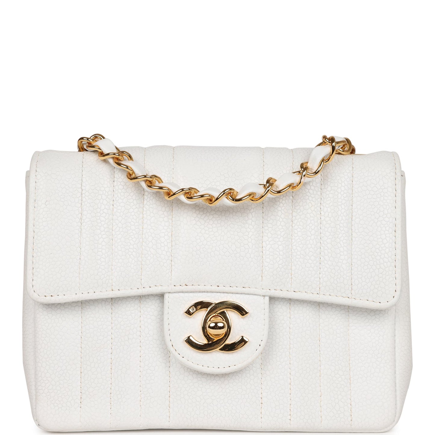 Chanel Mini Square Flap Vertical Stripe White Caviar Gold Hardware