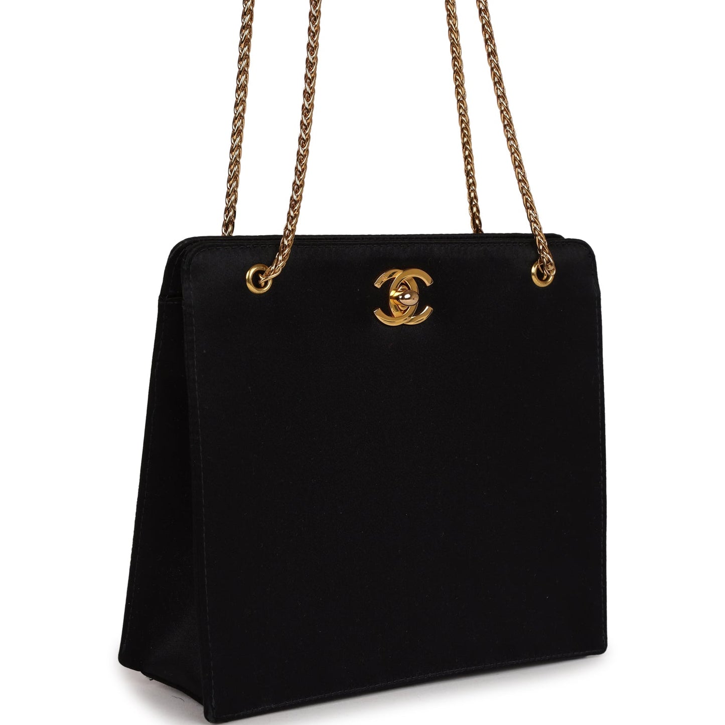 Chanel Square Shoulder Bag Black Satin Gold Hardware
