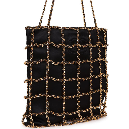 Chanel Chain Frame CC Shopping Tote Black Satin Gold Hardware