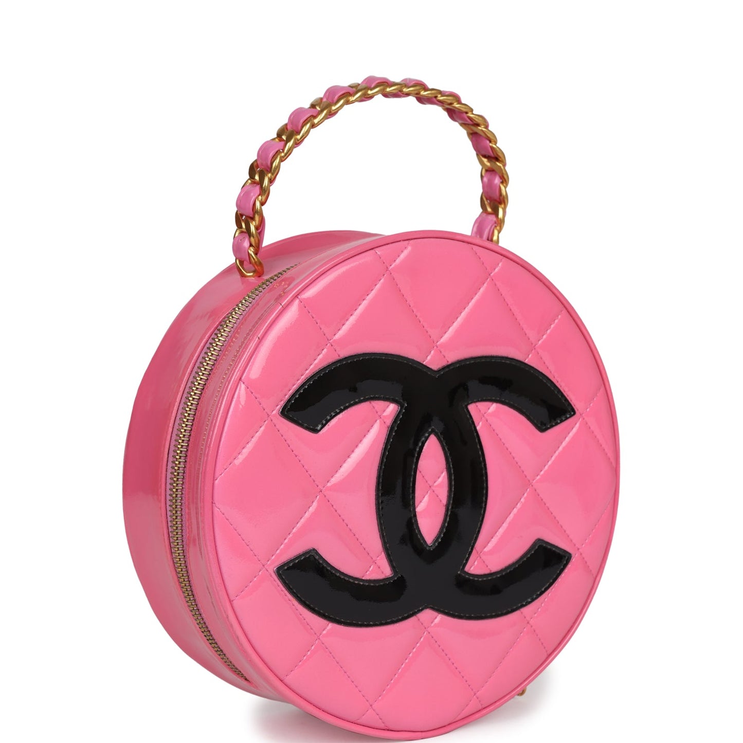 Chanel Round Vanity Bag Pink and Black Patent Leather Antique Gold Hardware