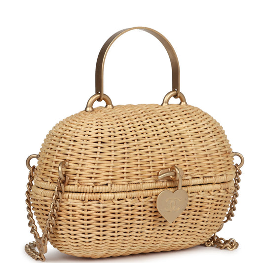 Chanel Small Heart Lock Basket Bag Natural Wicker Brushed Gold Hardware
