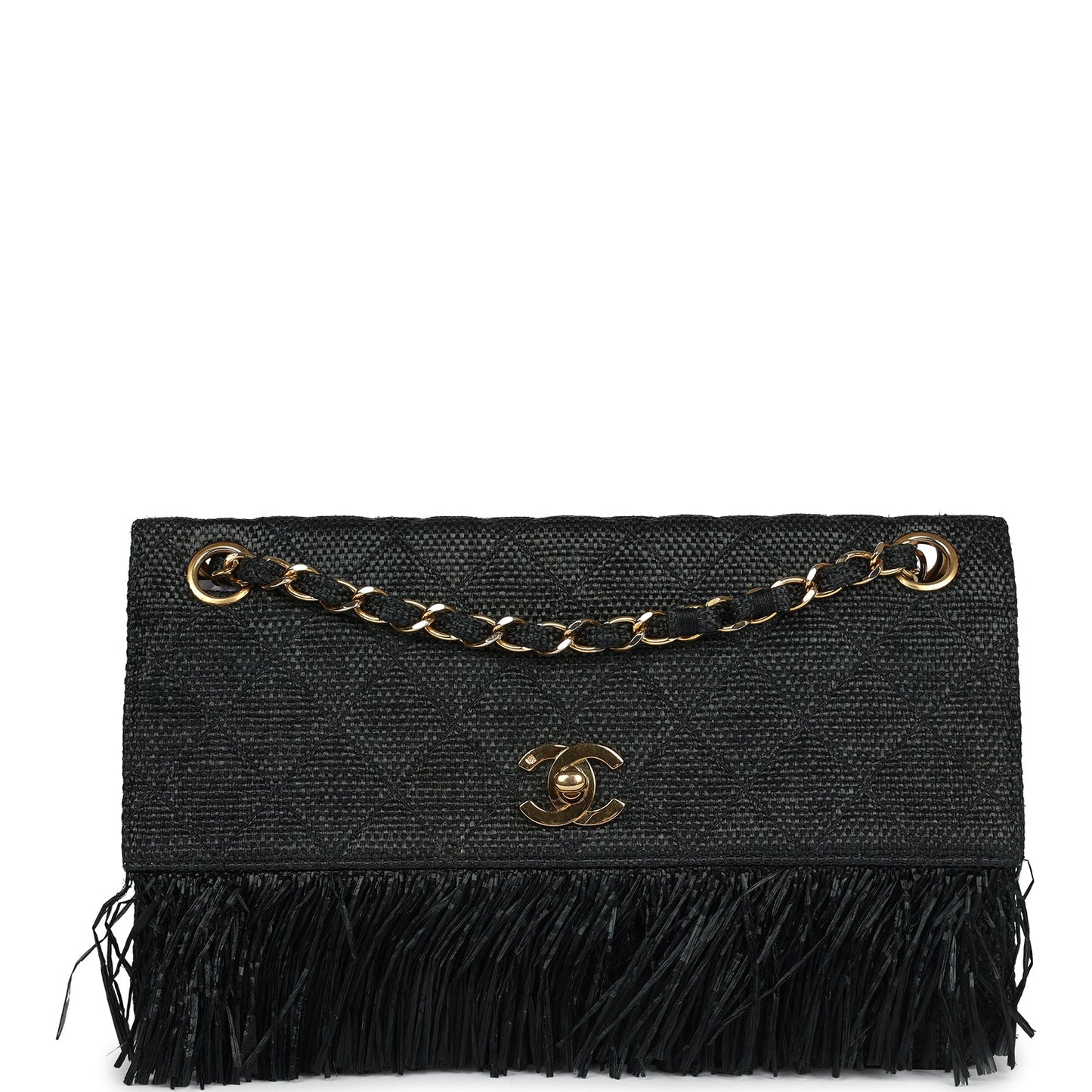 Chanel Quilted Fringe Single Flap Bag Black Raffia Gold Hardware