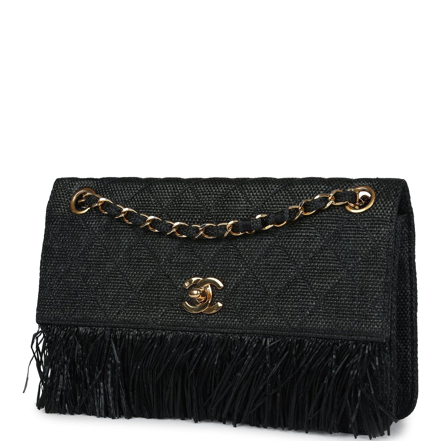 Chanel Quilted Fringe Single Flap Bag Black Raffia Gold Hardware