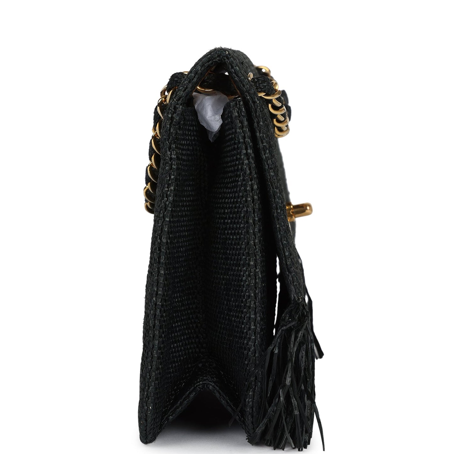 Chanel Quilted Fringe Single Flap Bag Black Raffia Gold Hardware