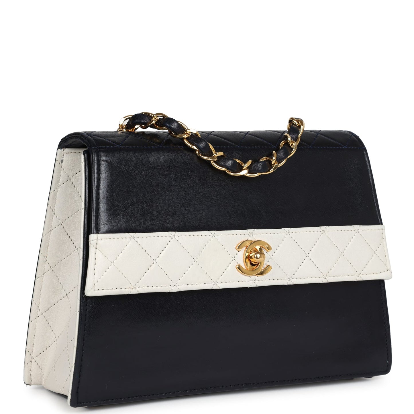 Chanel Trapezoid Flap Bag Navy and White Lambskin Gold Hardware