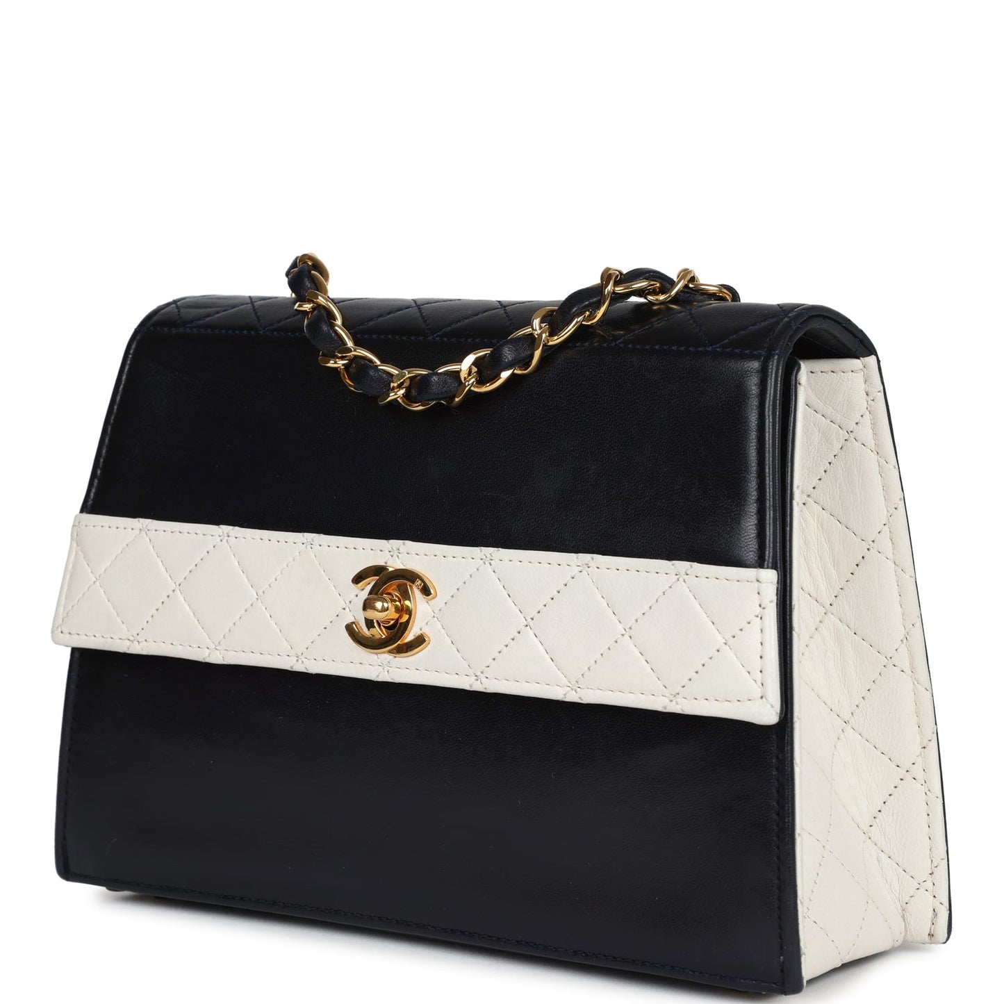 Chanel Trapezoid Flap Bag Navy and White Lambskin Gold Hardware