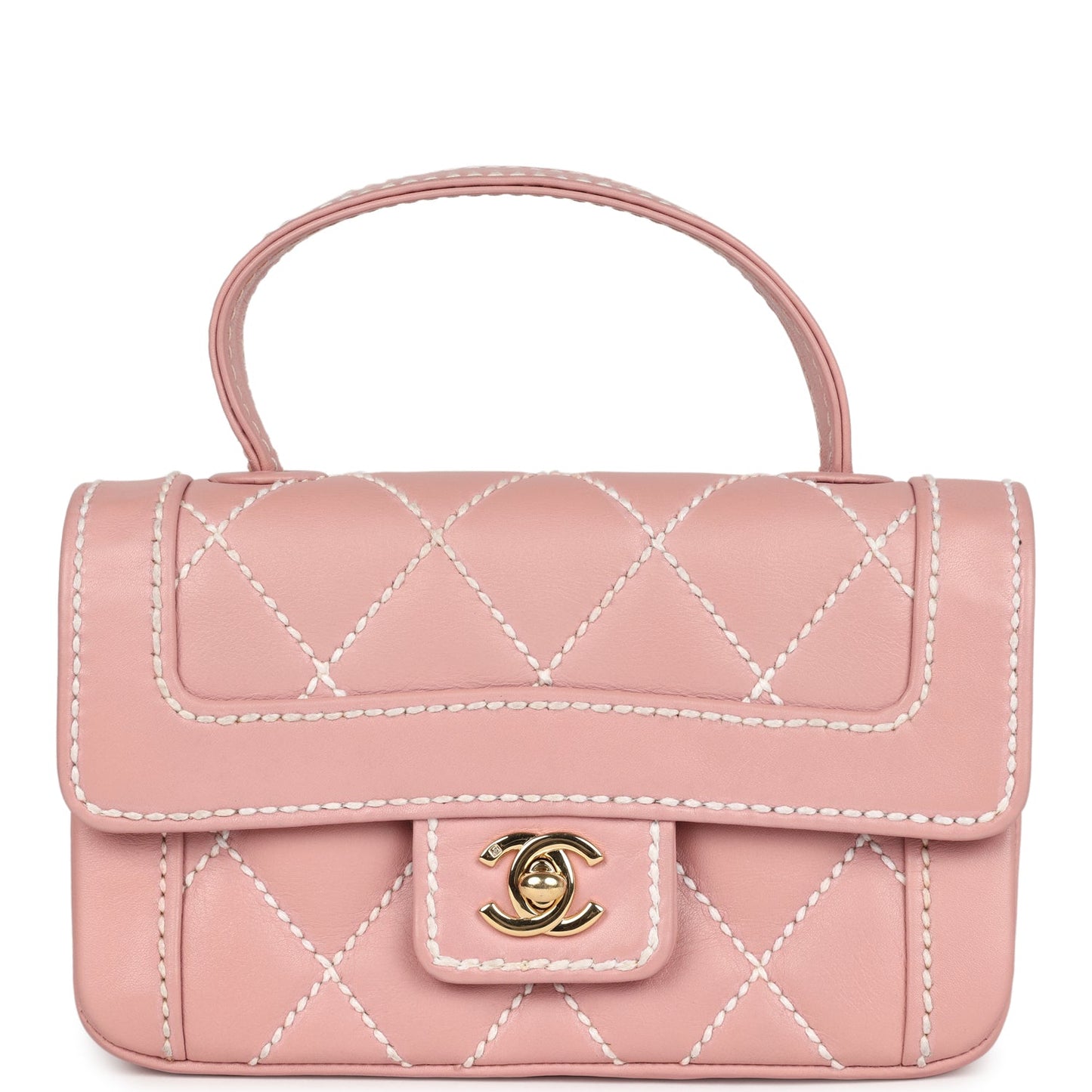 Chanel Mini Wild Stitch Surpique Top Handle Flap Bag Pink Calfskin Gold Hardware