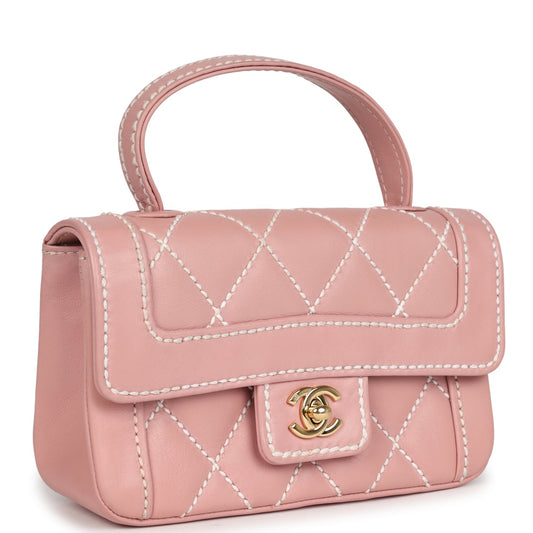 Chanel Mini Wild Stitch Surpique Top Handle Flap Bag Pink Calfskin Gold Hardware