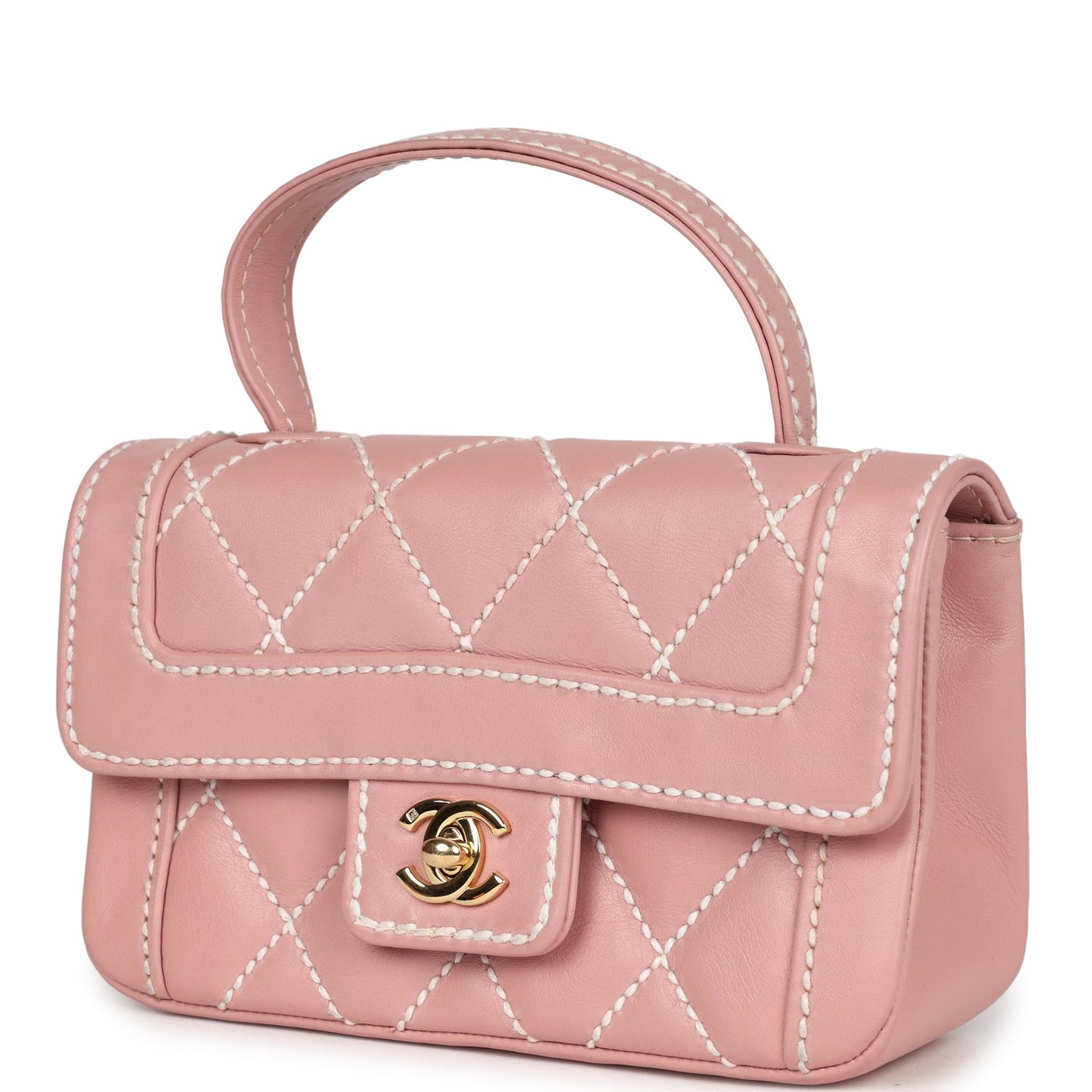 Chanel Mini Wild Stitch Surpique Top Handle Flap Bag Pink Calfskin Gold Hardware