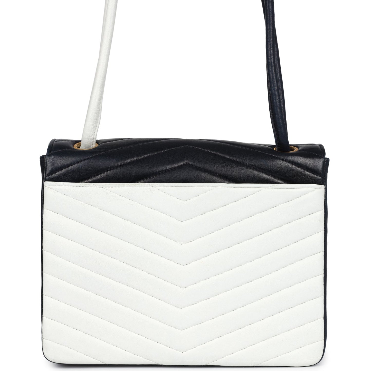 Chanel Chevron Envelope Flap Shoulder Bag Navy and White Lambskin Gold Hardware