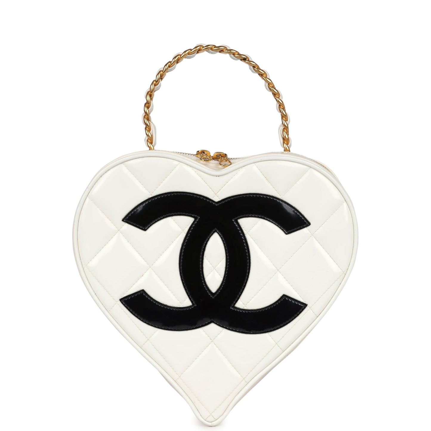 Chanel Heart Vanity Bag White and Black Patent Antique Gold Hardware