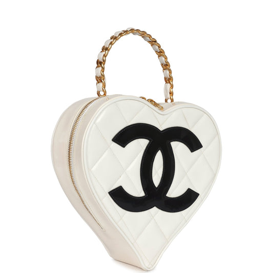 Chanel Heart Vanity Bag White and Black Patent Antique Gold Hardware