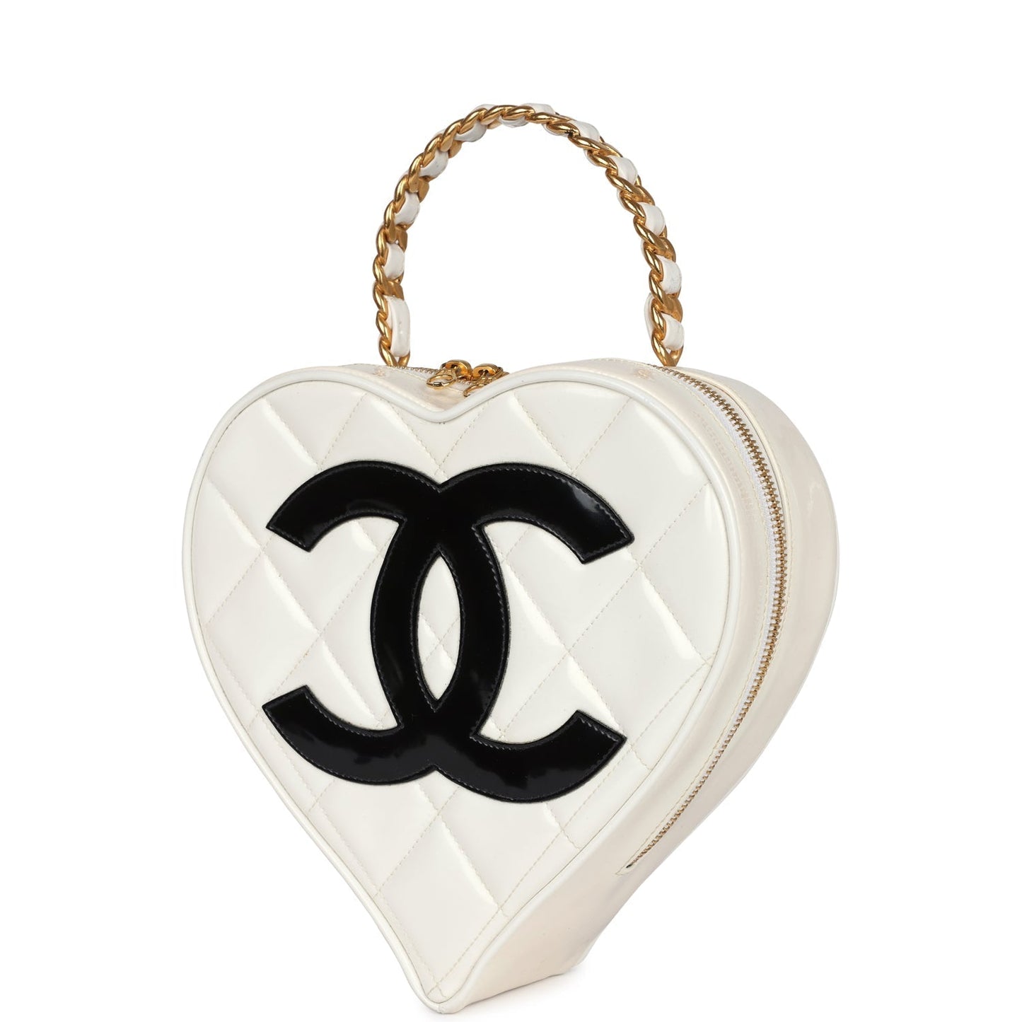 Chanel Heart Vanity Bag White and Black Patent Antique Gold Hardware
