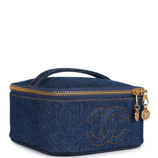 Chanel Square Vanity Case Dark Blue Denim Gold Hardware
