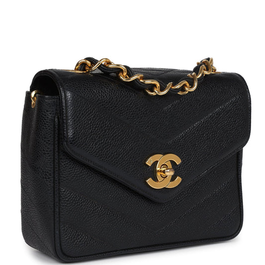 Chanel Square Chevron Envelope Flap Bag Black Caviar Gold Hardware