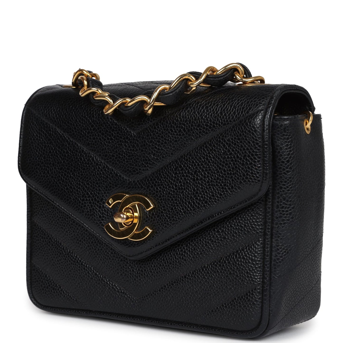 Chanel Square Chevron Envelope Flap Bag Black Caviar Gold Hardware