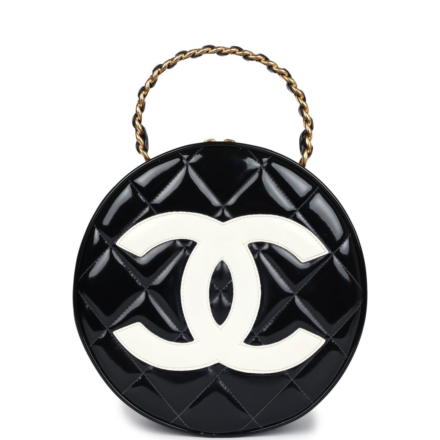 Chanel Round Vanity Bag Black and White Patent Leather Antique Gold Hardware