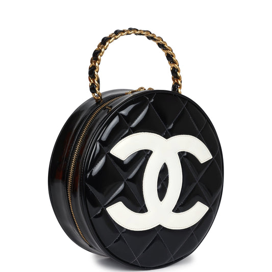 Chanel Round Vanity Bag Black and White Patent Leather Antique Gold Hardware