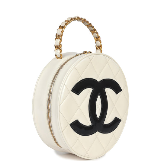 Chanel Round Vanity Bag White and Black Patent Leather Antique Gold Hardware