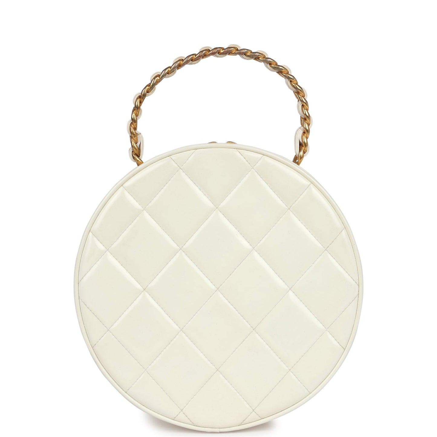 Chanel Round Vanity Bag White and Black Patent Leather Antique Gold Hardware