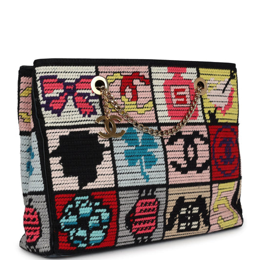 Chanel Precious Symbols Needle Point Tote Multicolor Wool Gold Hardware