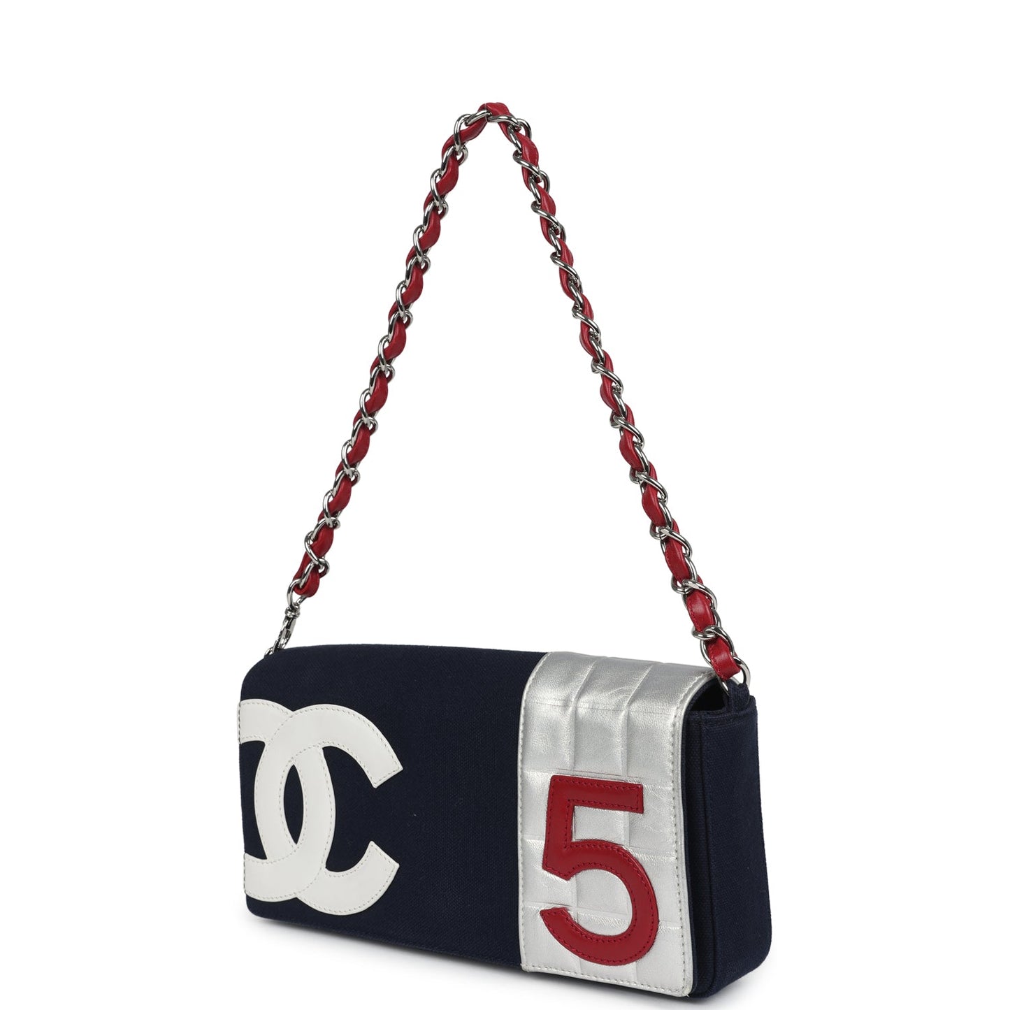 Chanel N0.5 Chain Shoulder Bag Navy, Silver, Red Canvas Silver Hardware
