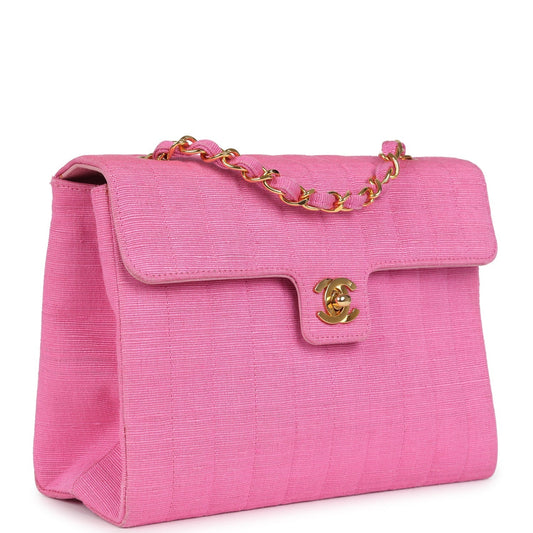 Chanel Vertical Mademoiselle Shoulder Bag Pink Linen Gold Hardware