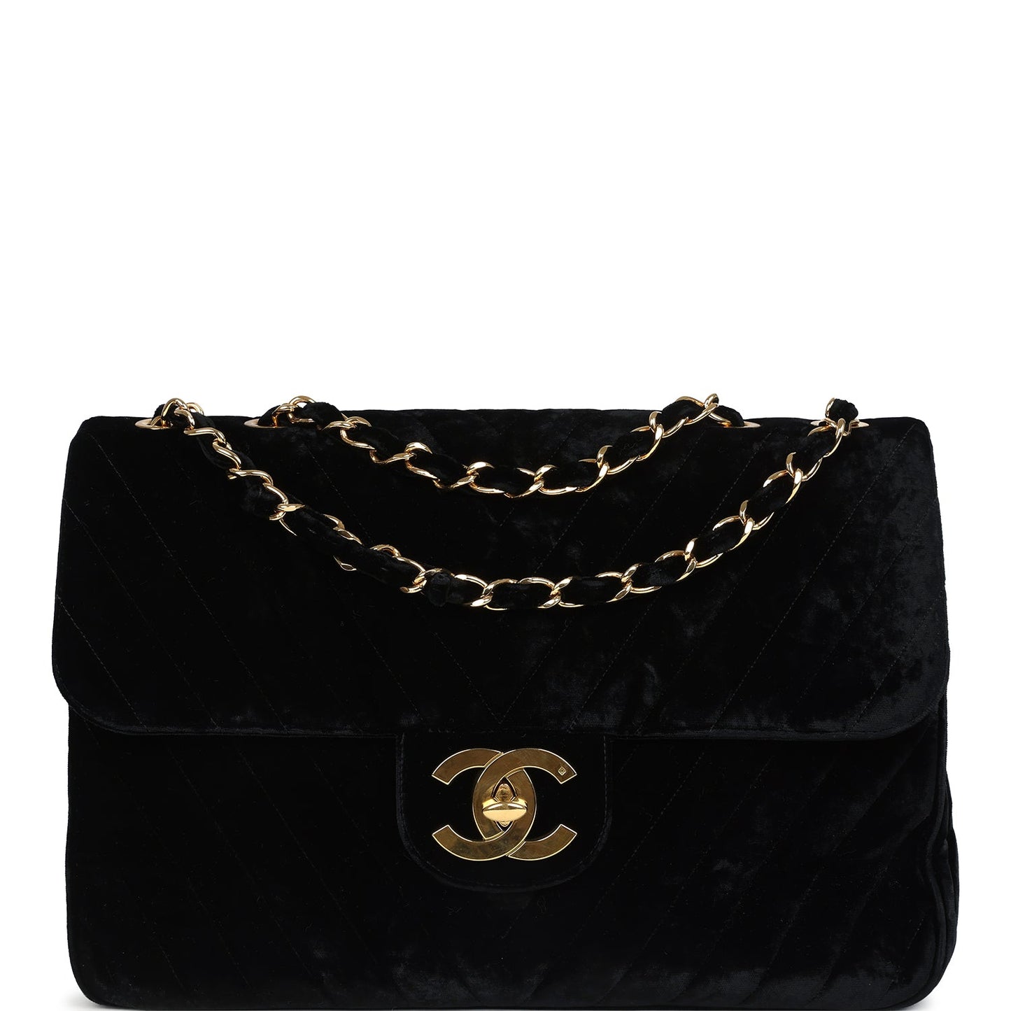 Chanel XL Chevron Single Flap Bag Black Velvet Gold Hardware