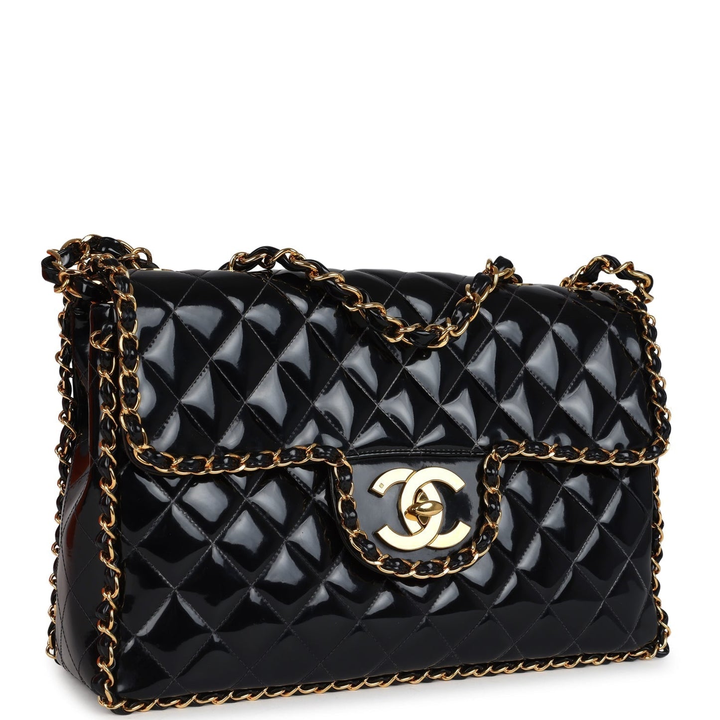 Chanel Maxi Chain Around Single Flap Bag Black Patent Gold Hardware