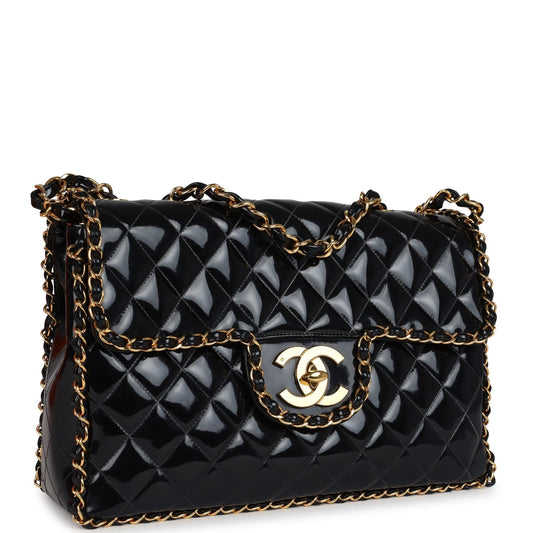Chanel Maxi Chain Around Single Flap Bag Black Patent Gold Hardware