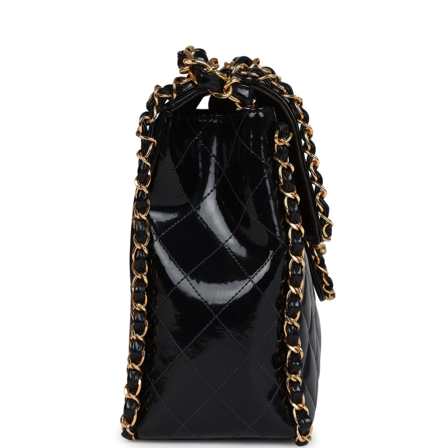 Chanel Maxi Chain Around Single Flap Bag Black Patent Gold Hardware