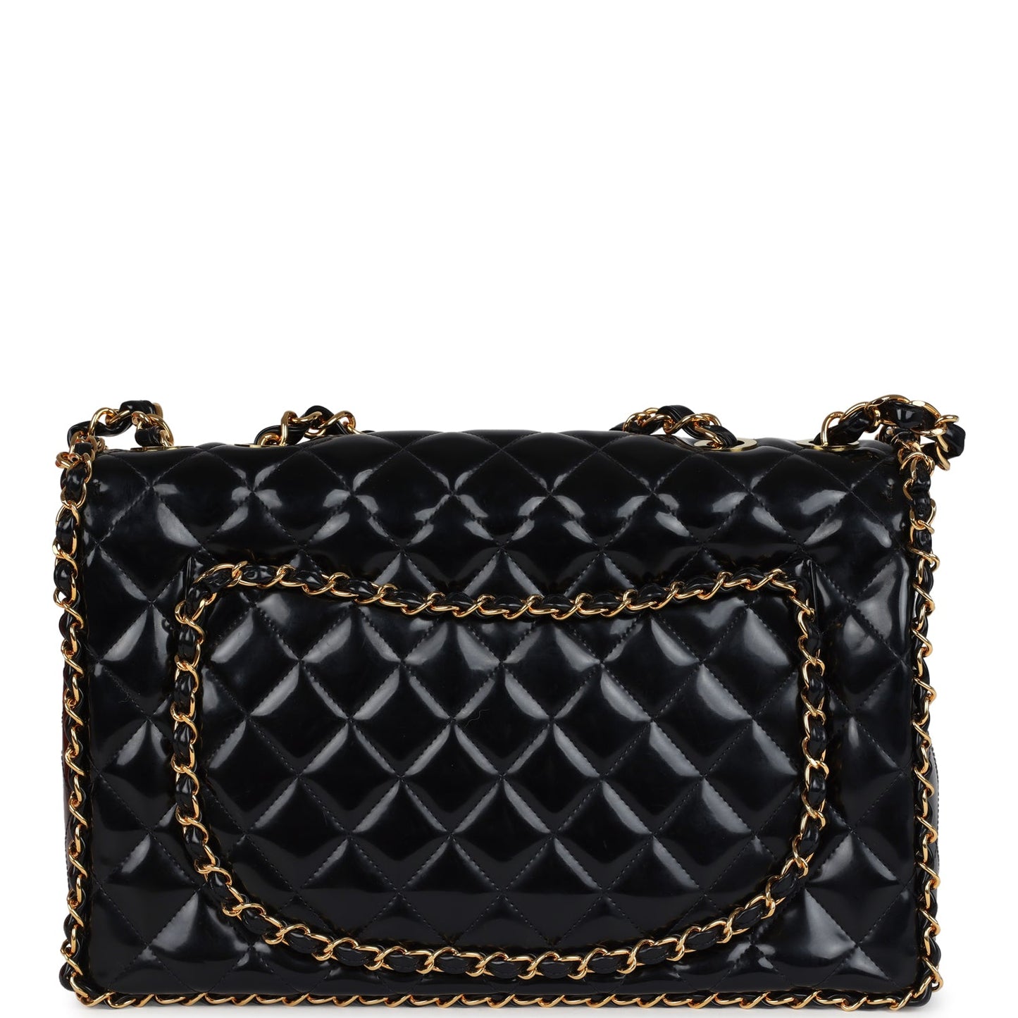 Chanel Maxi Chain Around Single Flap Bag Black Patent Gold Hardware