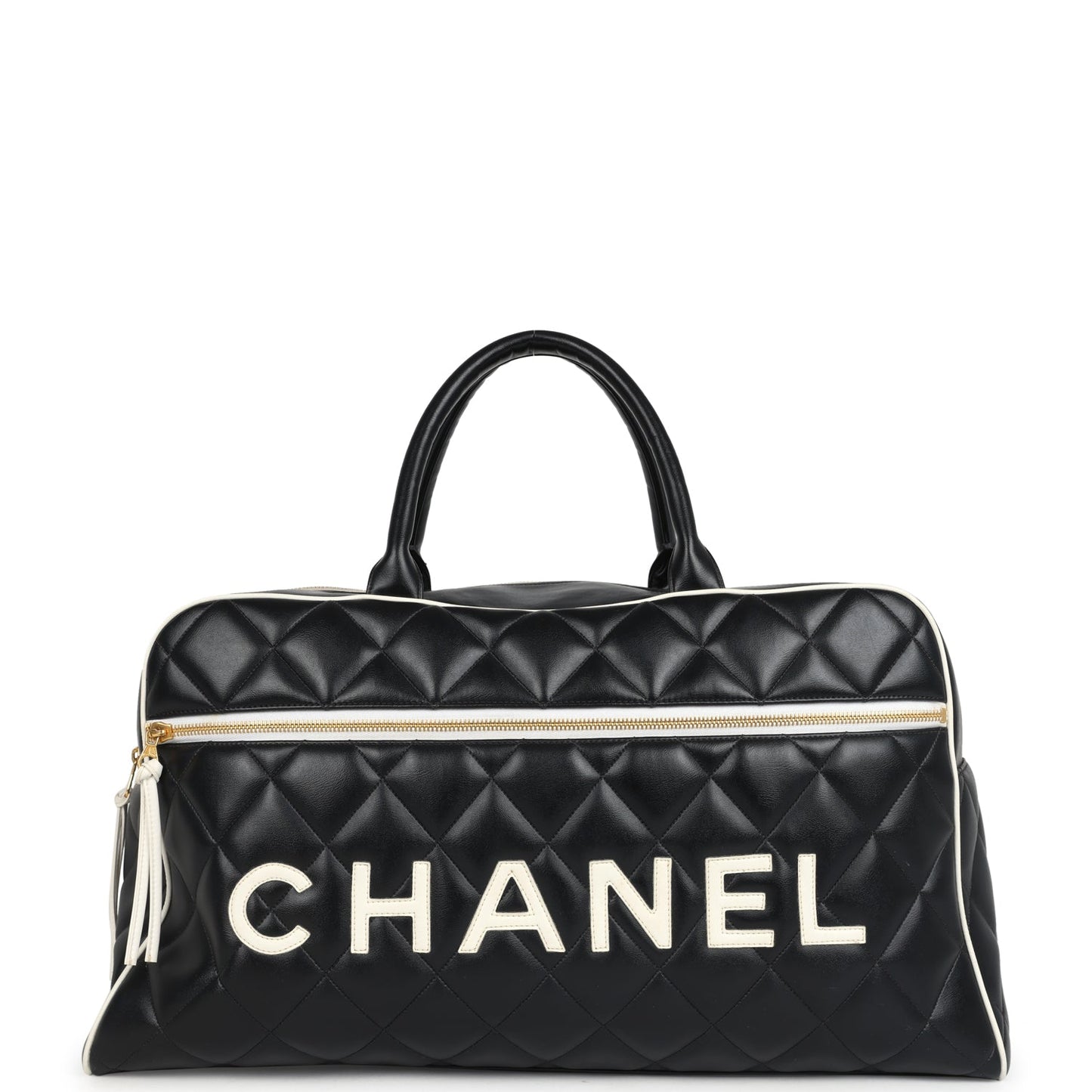 Chanel Large Logo Boston Bag Black and White Calfskin Gold Hardware