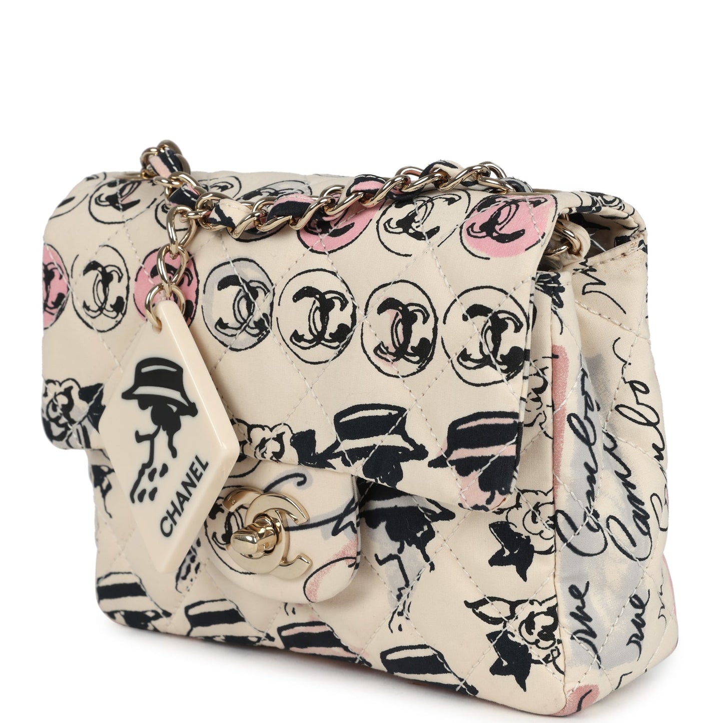 Chanel Mini Logo Square Flap Bag Light Pink Multi Printed Nylon Light Gold Hardware