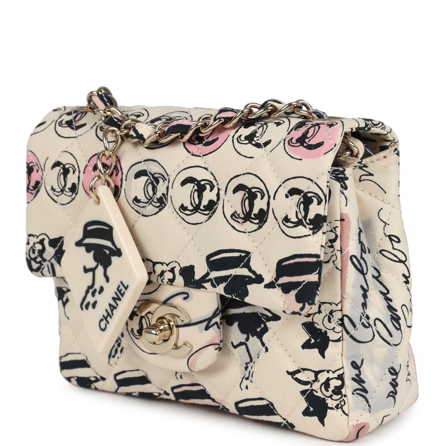 Chanel Mini Logo Square Flap Bag Light Pink Multi Printed Nylon Light Gold Hardware