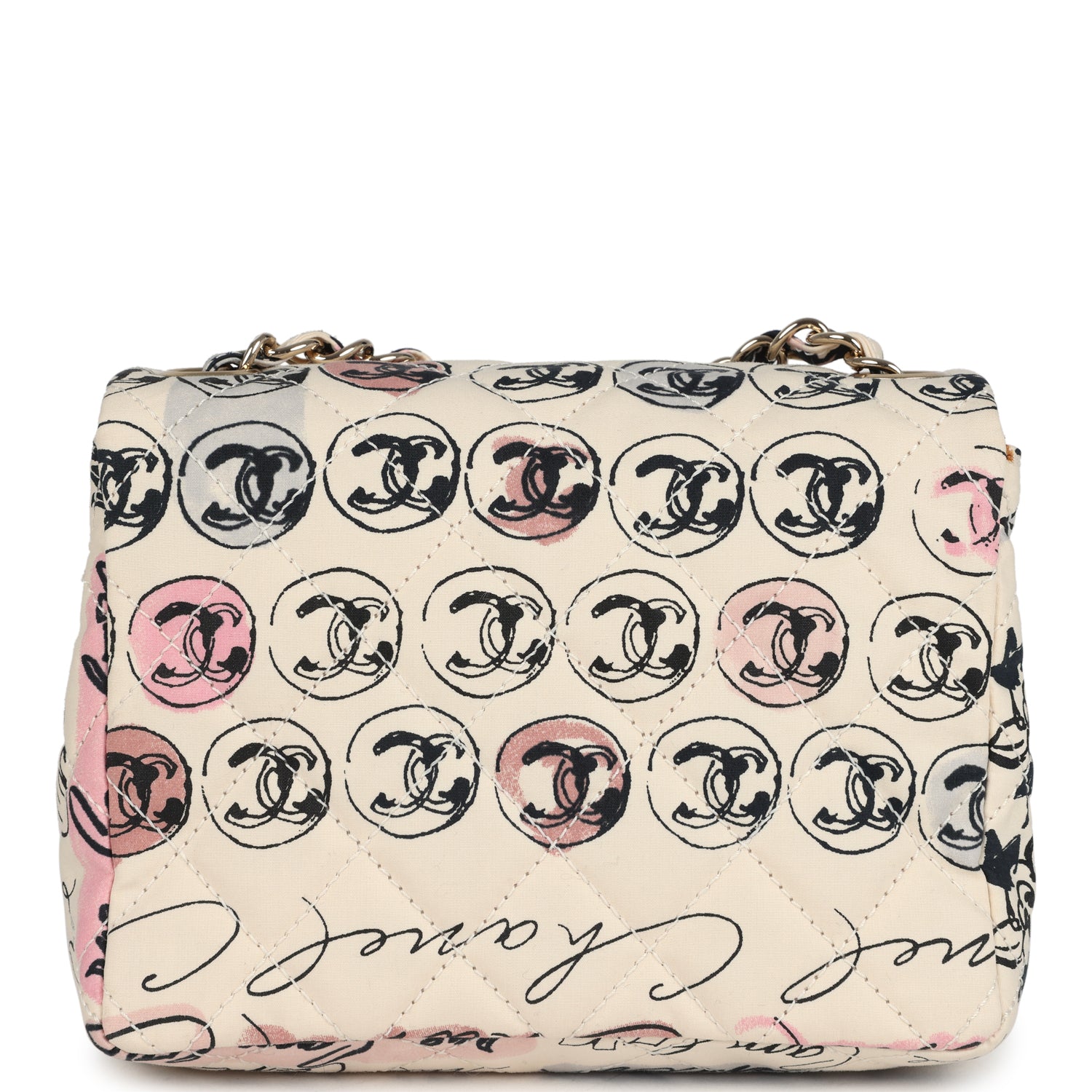 Chanel Mini Logo Square Flap Bag Light Pink Multi Printed Nylon Light Gold Hardware