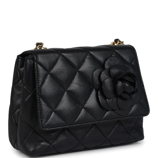 Chanel Mini Camellia Flap Bag Black Lambskin Gold Hardware