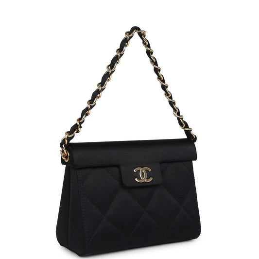 Chanel Mini Evening Handbag Bag Black Satin Gold Hardware