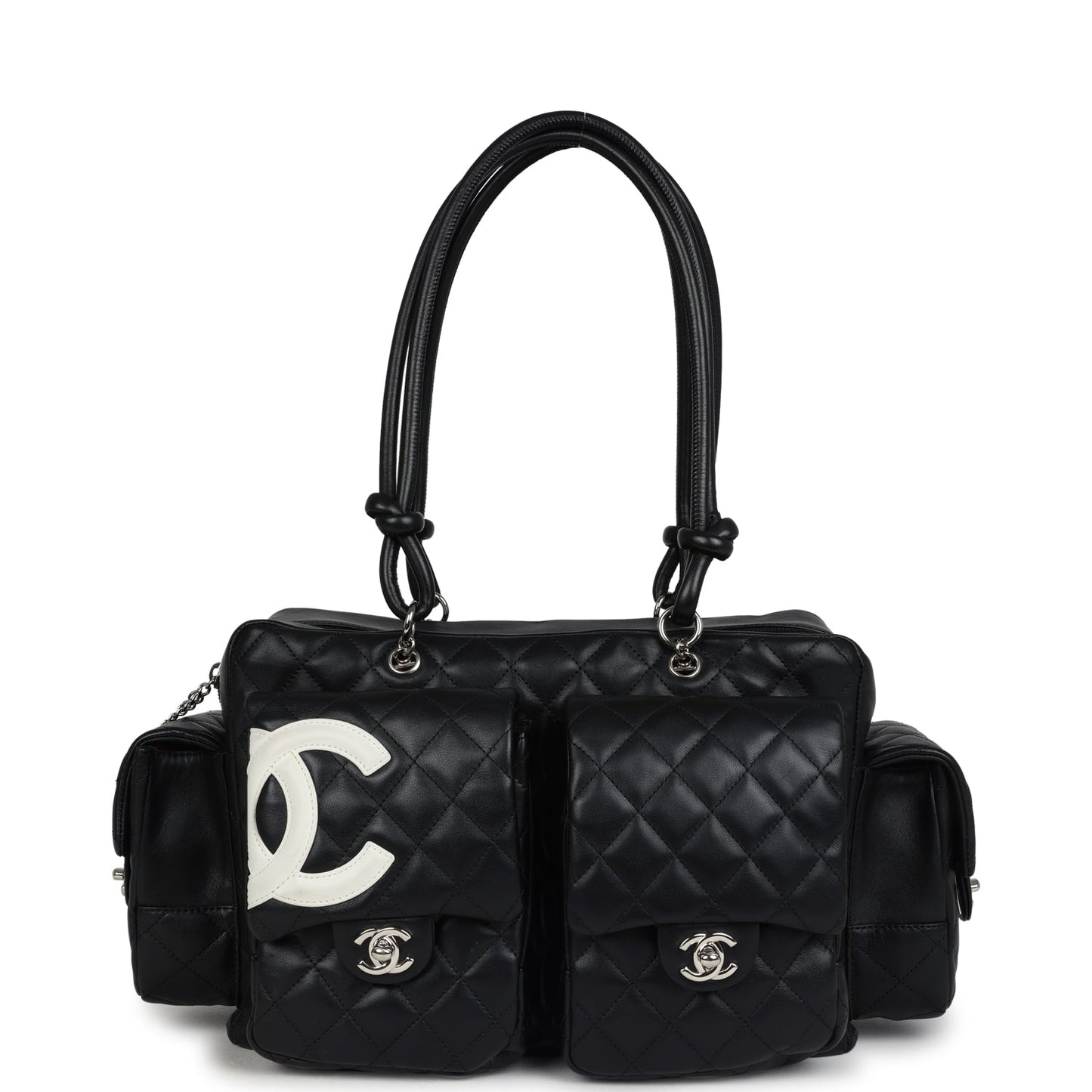Chanel Large Cambon Ligne Reporter Bag Black and White Lambskin Silver Hardware