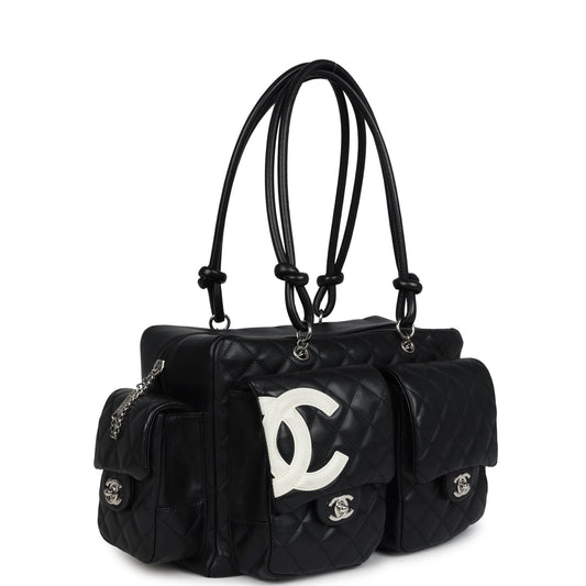 Chanel Large Cambon Ligne Reporter Bag Black and White Lambskin Silver Hardware