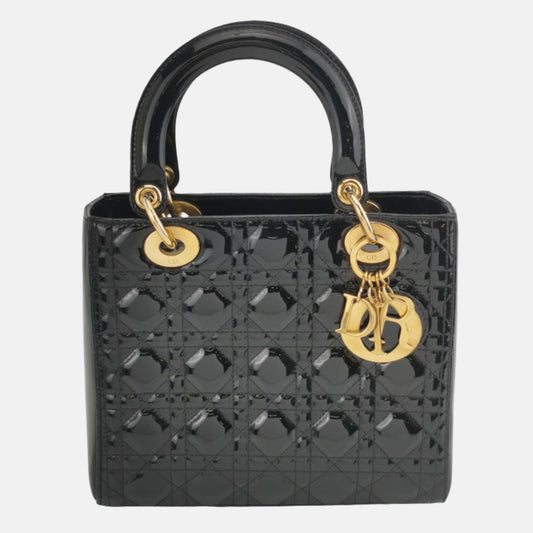 Lady Dior Medium Black Patent Leather Handbag with Gold Hardware