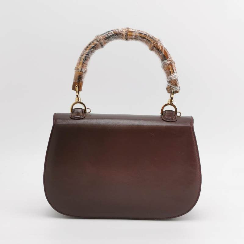 Gucci Bamboo 1947 Top Handle Bag Box Leather Medium Brown Purple